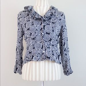 VINTAGE “K.A.T.E.” Silk Black & White Spiral Ruffled Collar Blouse